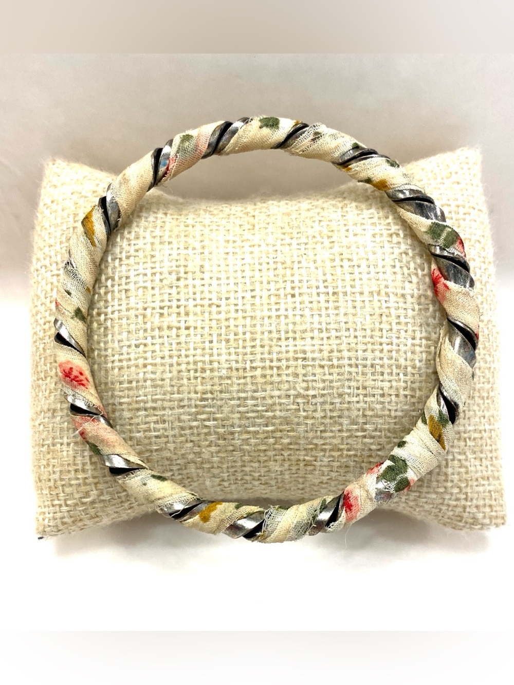 Vintage Fabric Wrapped Twisted Metal Bangle Bracelet Floral Chintz Shabby Chic